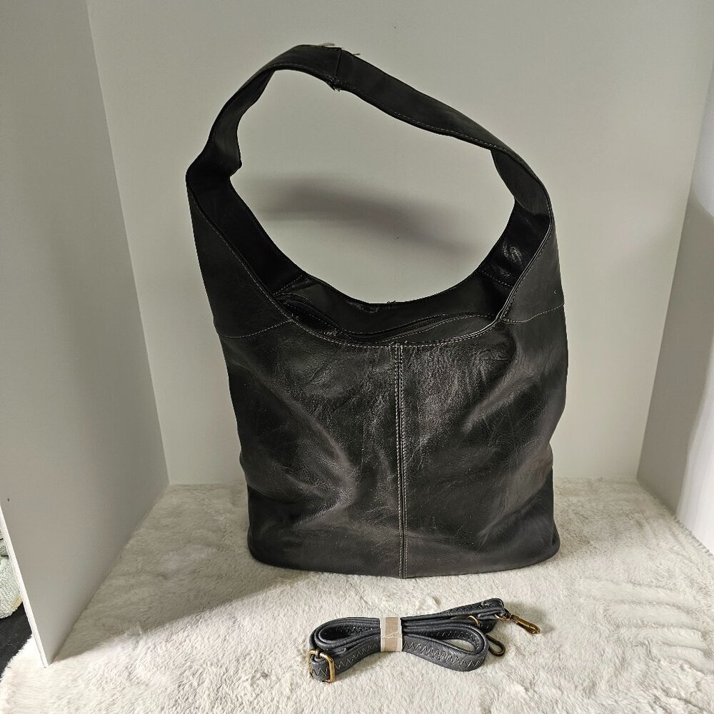 NWOT Black Gray Faux Leather Hobo Bag w/ Makeup Bag Crossbody